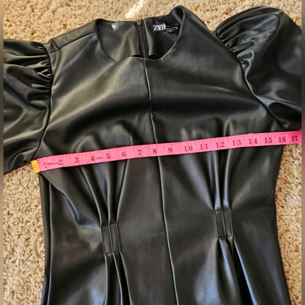 ZARA Black Leather Puff Sleeve Mini Dress Stretch Size Medium - Picture 8 of 13
